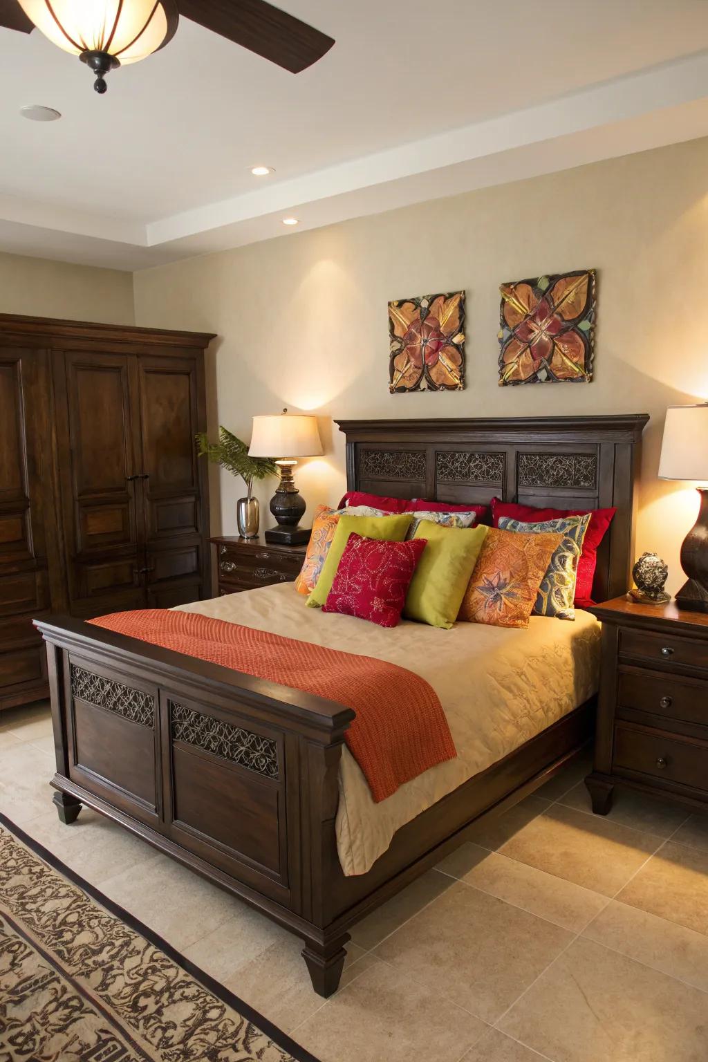 A pop of color animates deep brown decor, infusing energy.