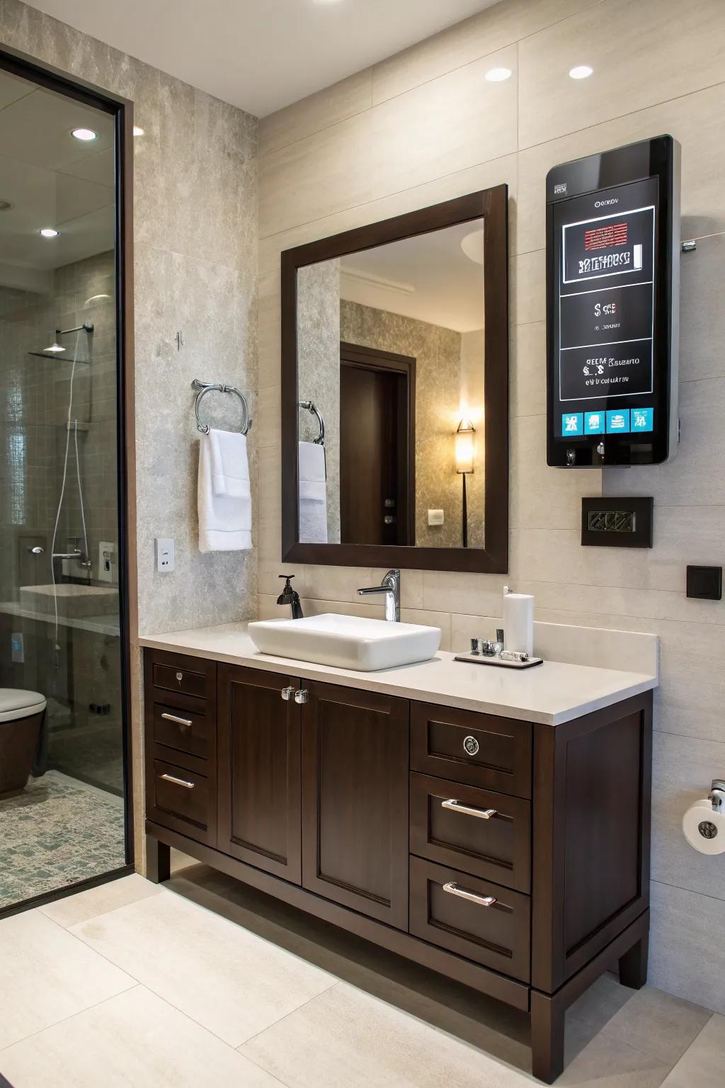 High-tech features add modern convenience to a dark brown vanity.