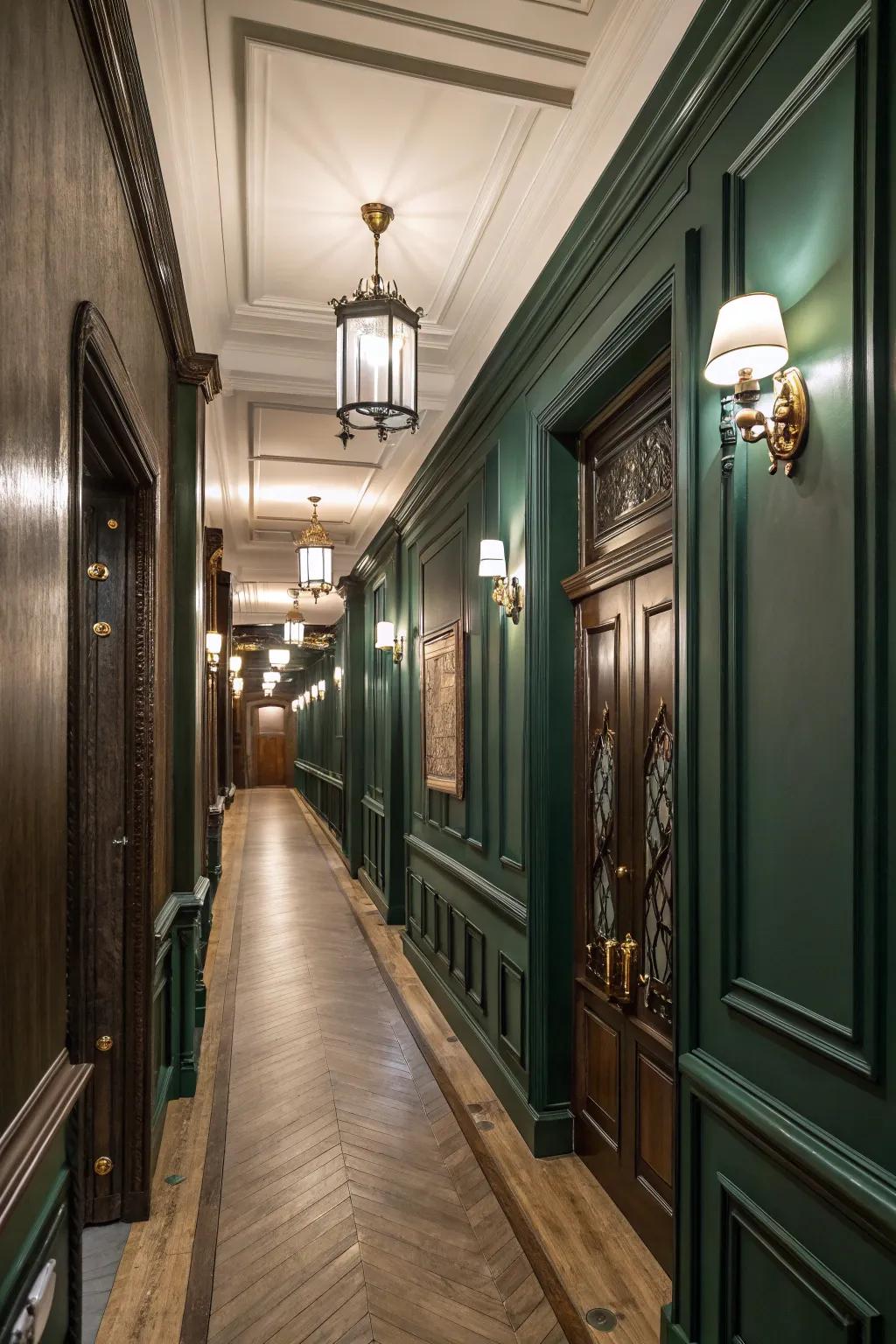 Forest green siding adds refinement to the hallway.