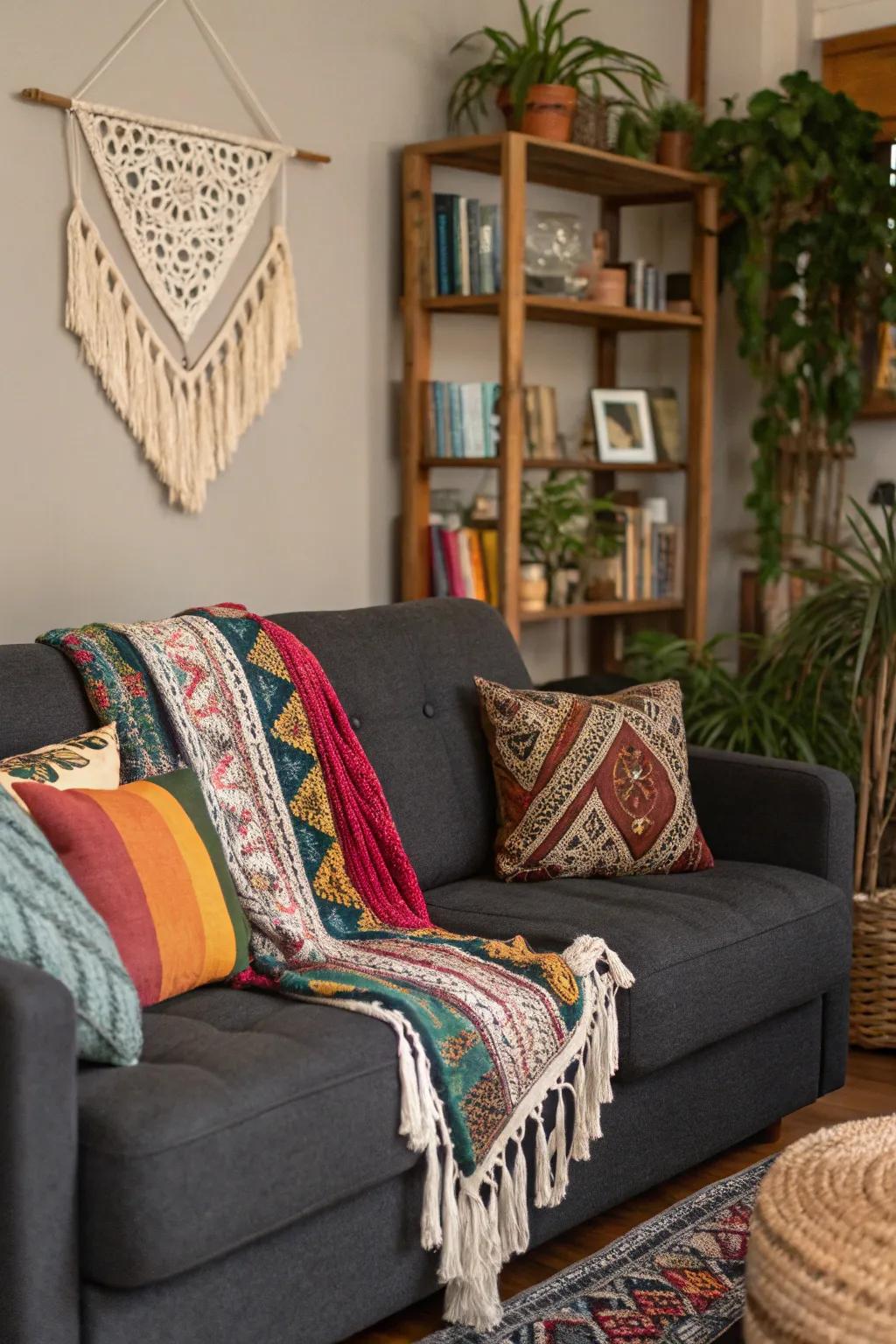 Bohemian elements append a carefree vibe to a gray couch setting.