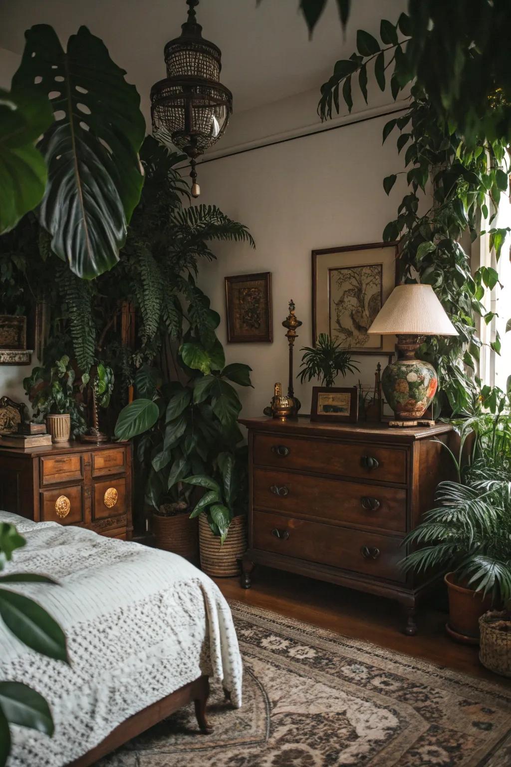 Shadowy green foliage provides a refreshing contrast in a shadowy, old-fashioned bedroom.