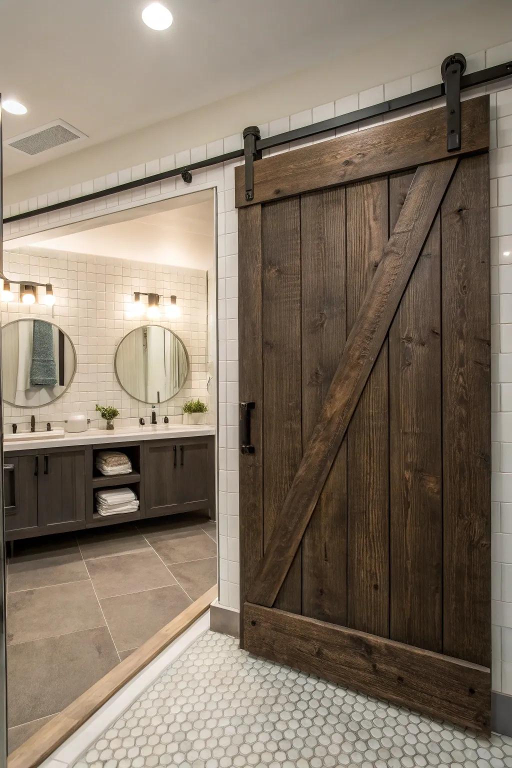 A sliding door introduces rustic charm to this modern bathroom.