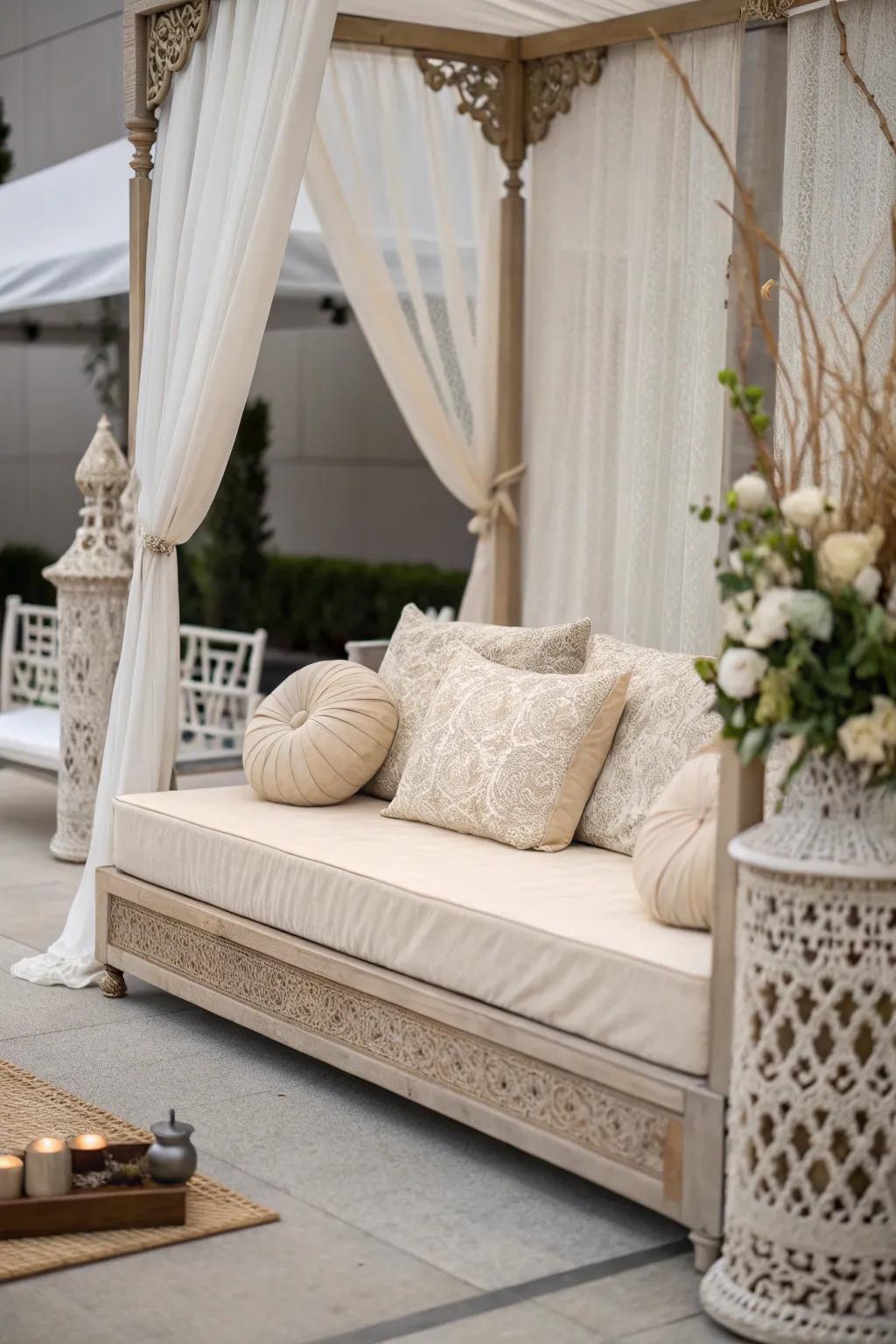 A monochromatic theme lends sophistication to the daybed decor.