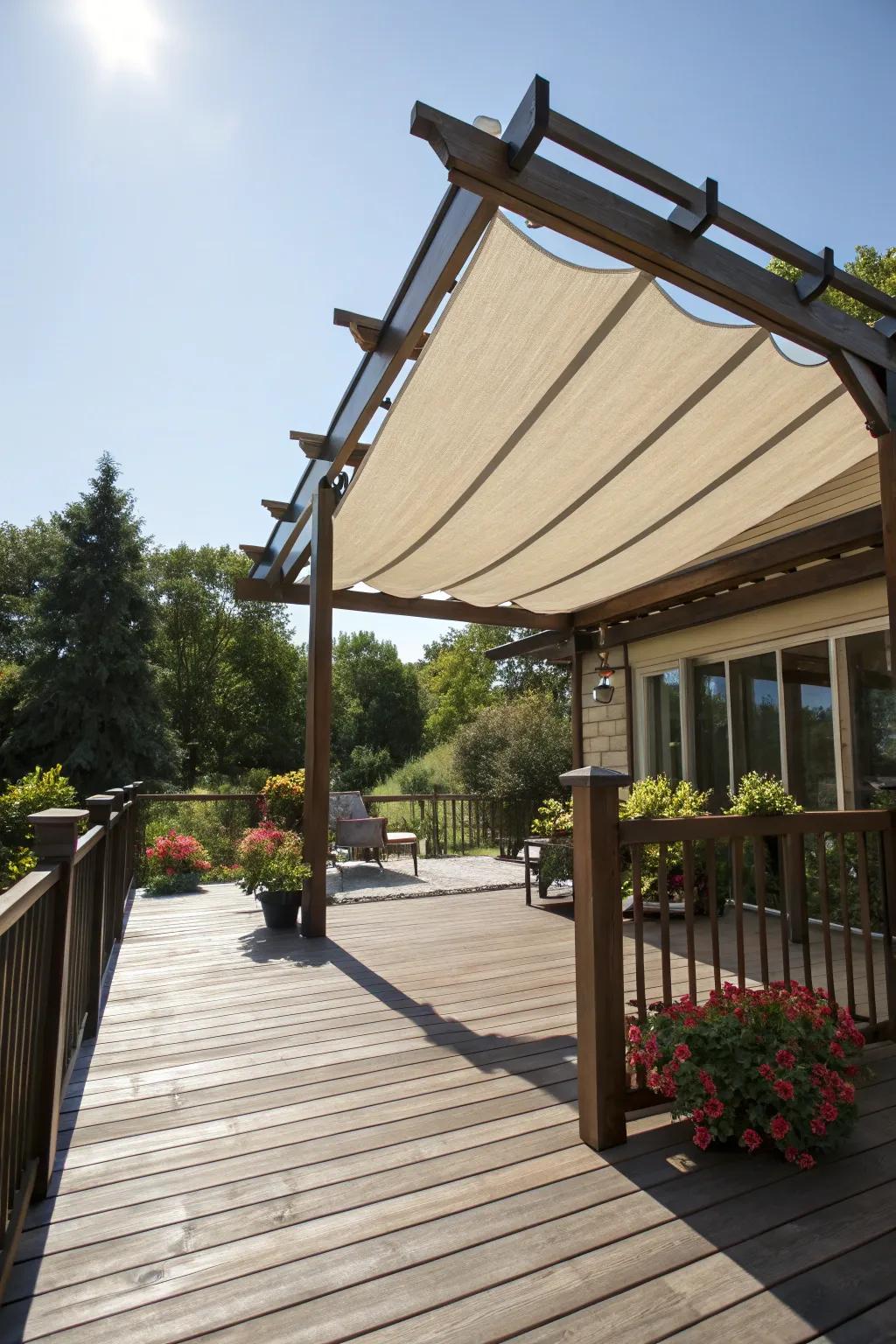 A pergola with a retractable canopy for adaptable shade.
