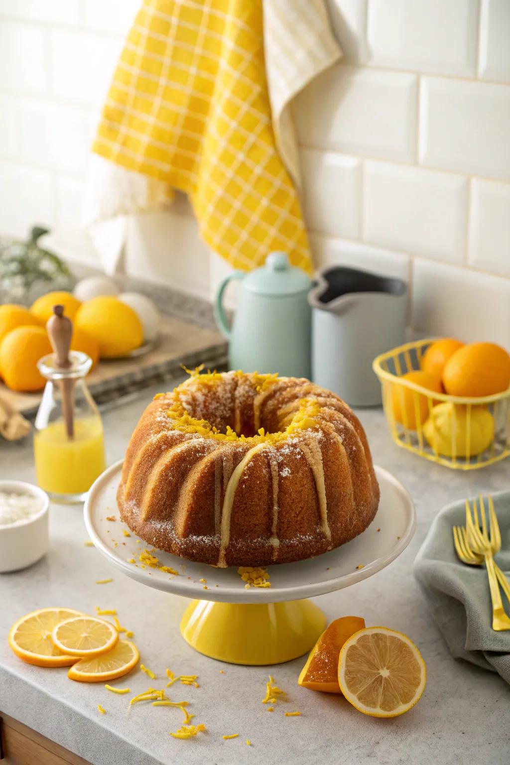 A ring cake adorned with a topping of fresh citrus zest.