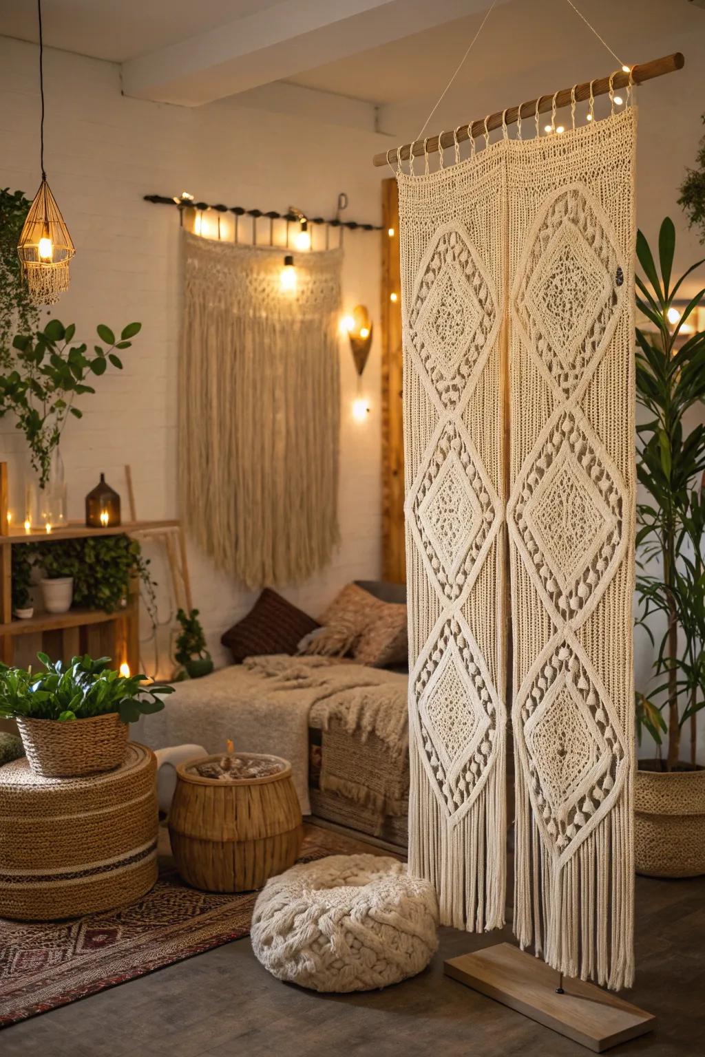 Macramé dividers add bohemian texture.
