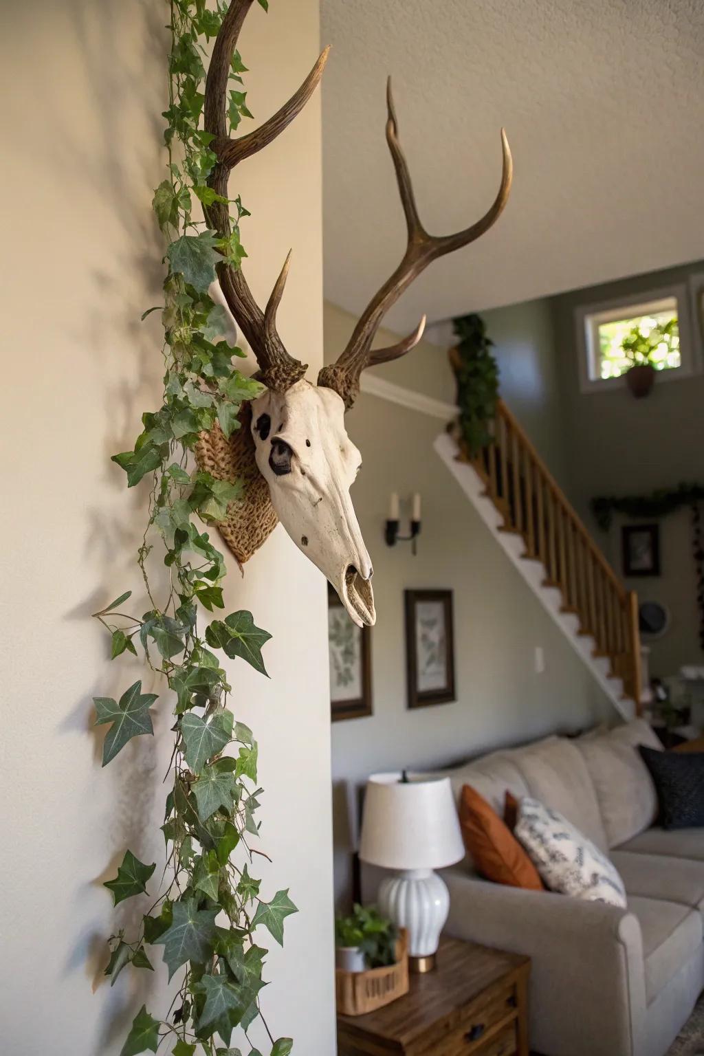 Foliage accents introduce a vibrant touch to this deer skull display.