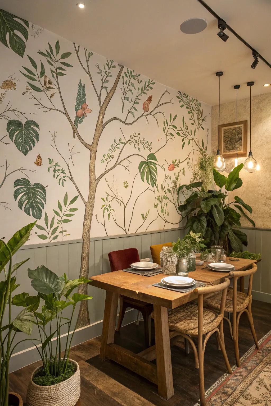 Nature-inspired wallpaper and decor conjure a serene dining atmosphere.