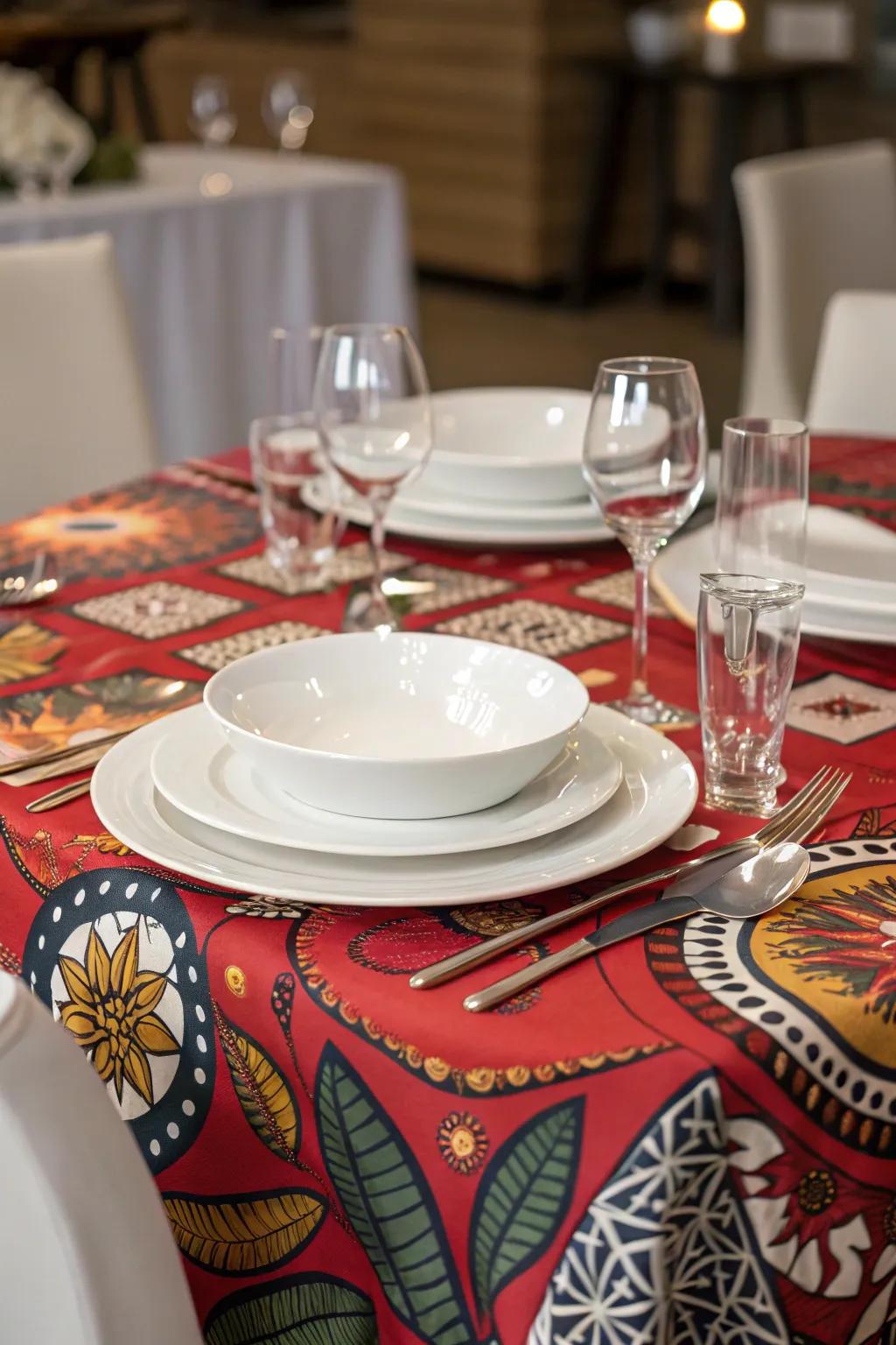 A striking patterned tablecloth can function as the visual anchor of the table.