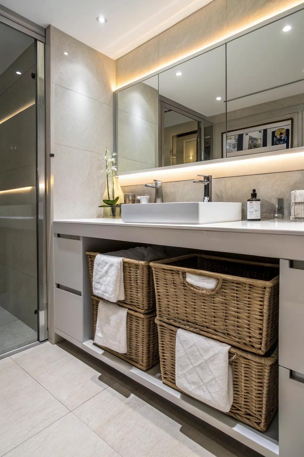 Hampers under sinks provide a discreet laundry solution in the restroom.