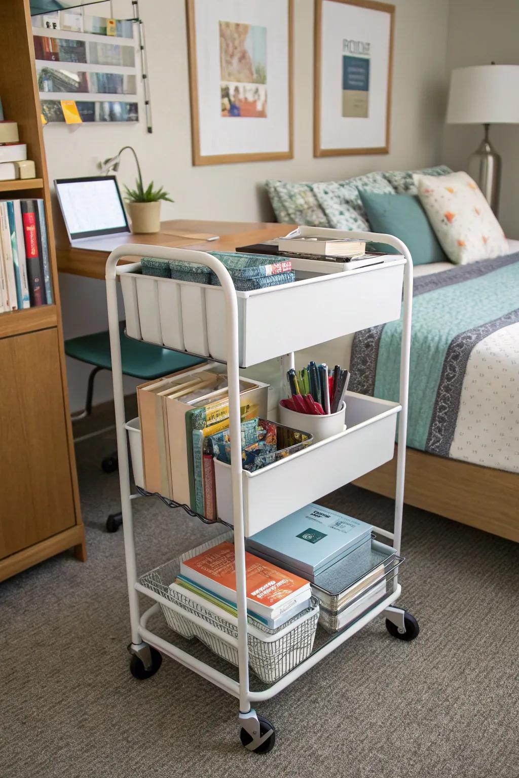 A rolling cart offers flexible and mobile stowing options.