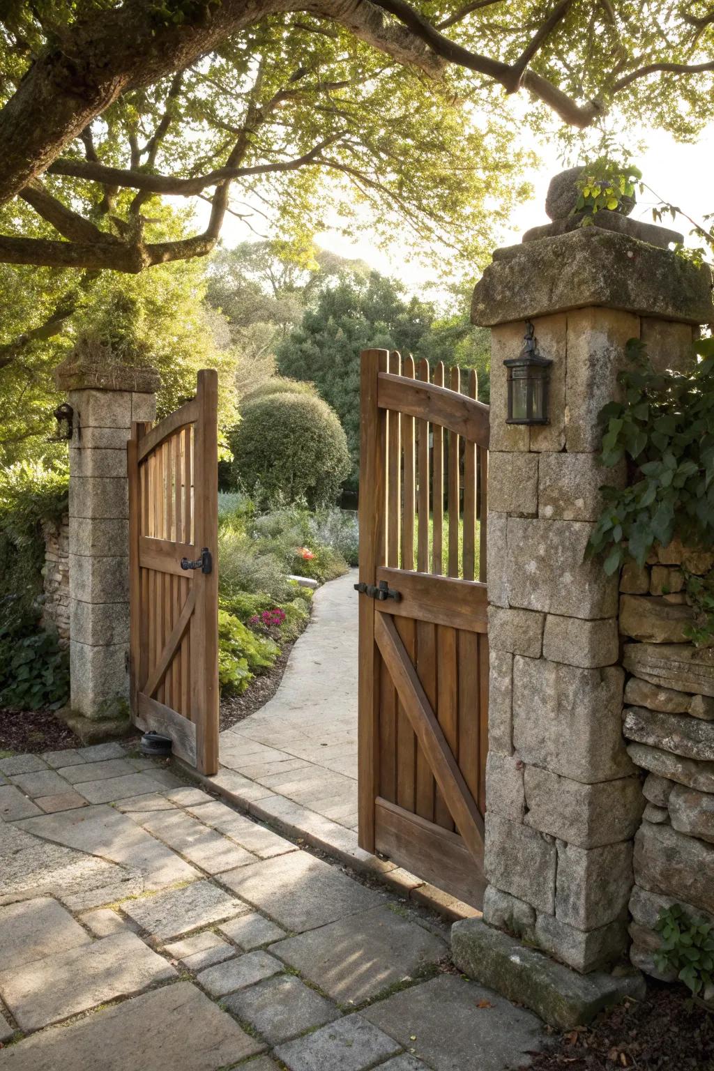 Organic stone pillars complementing the rustic allure of a timber gate.