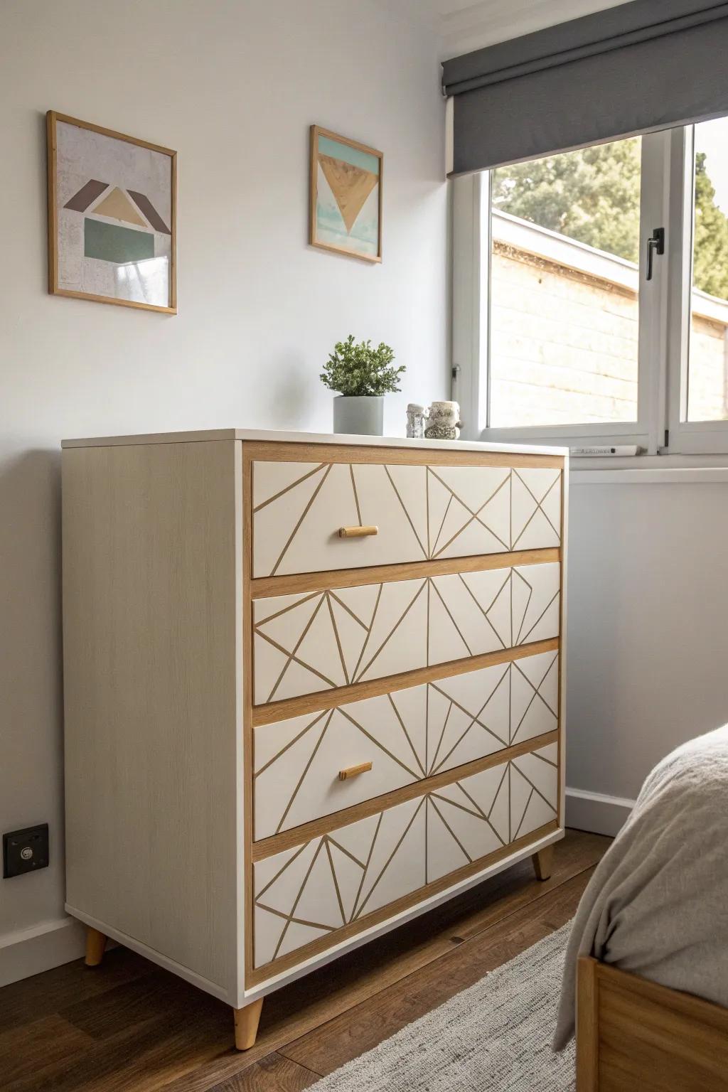 A geometric design dresser adding a modern edge to a small bedroom.