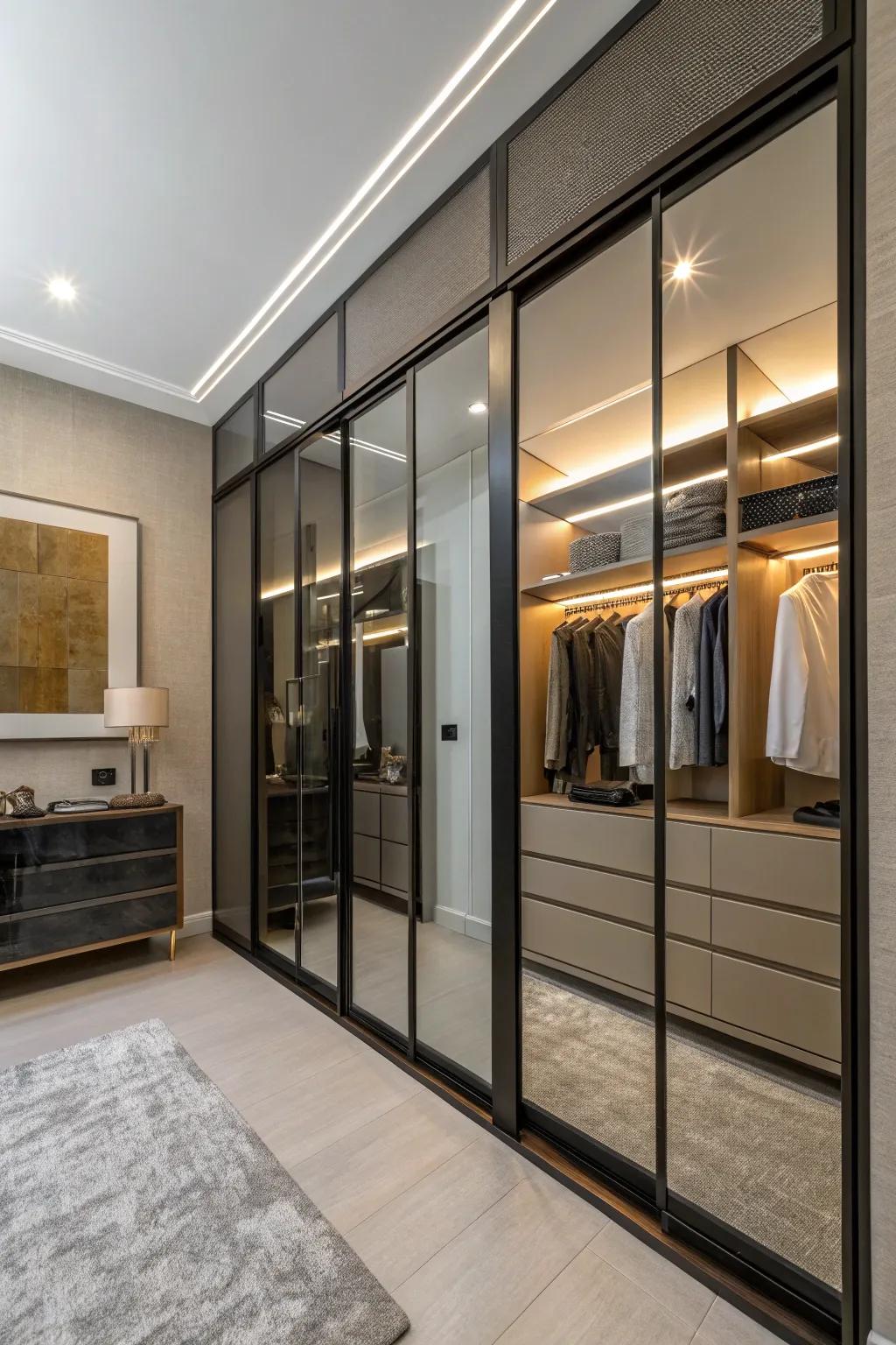 Sliding entrances economize area and deliver a contemporary design.