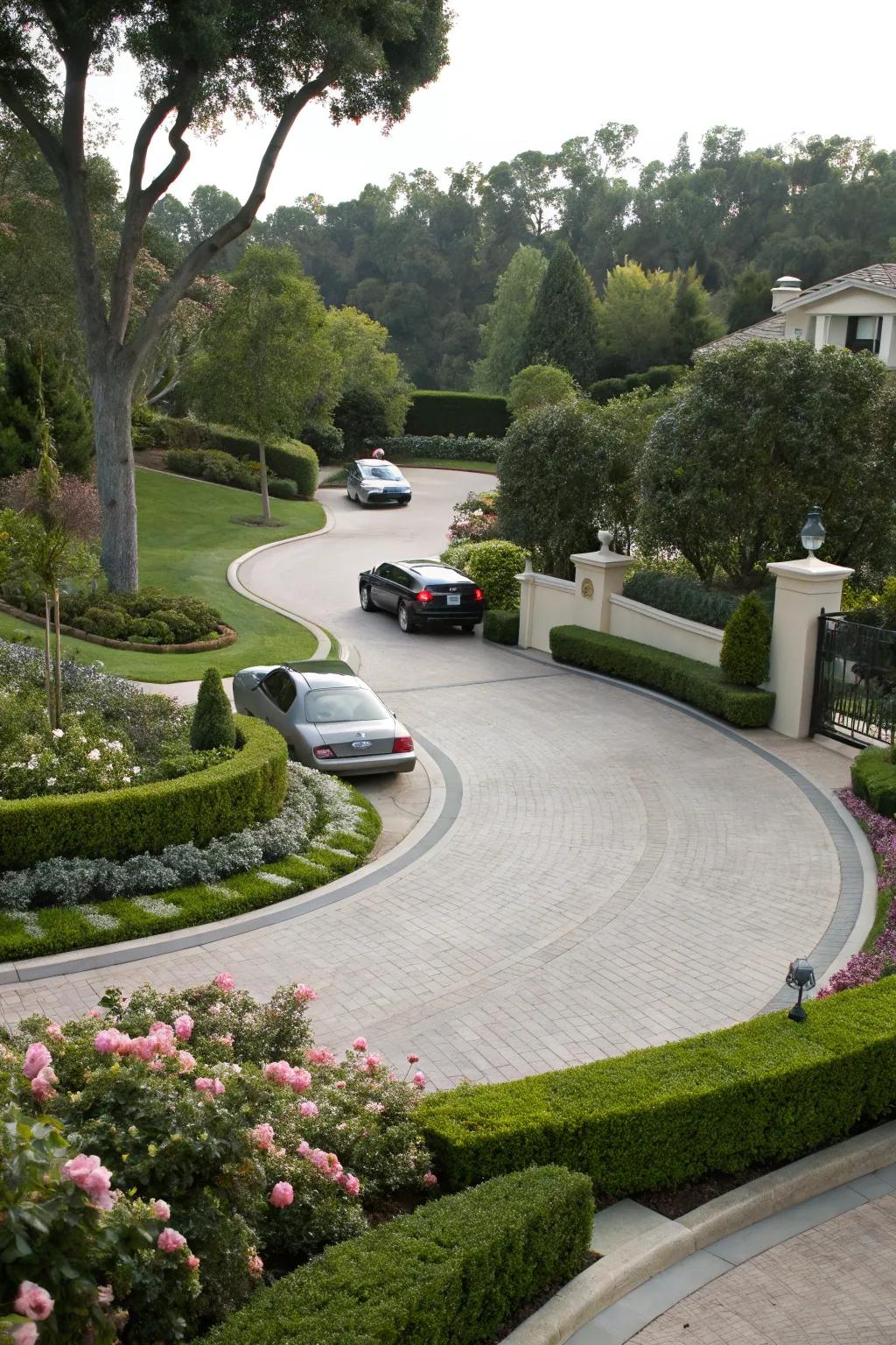A unique teardrop driveway design featuring elegant curves.