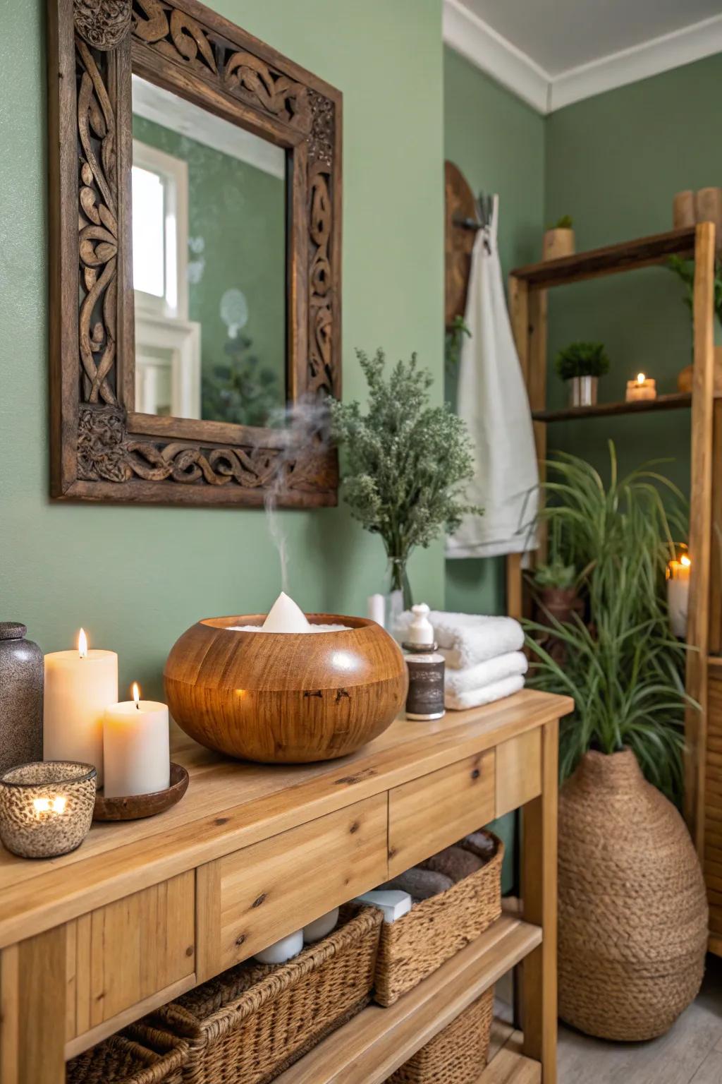 Aromatherapy elements contribute to a soothing and organic restroom vibe.