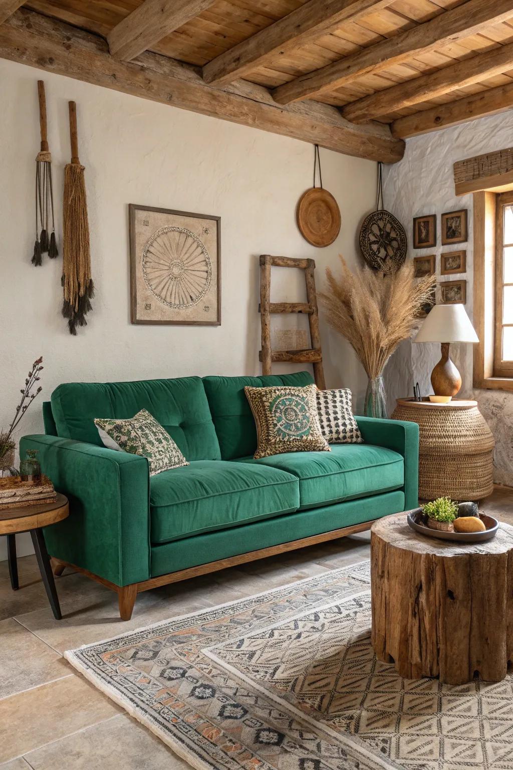 The organic feel of the emerald sofa is enhanced by country elements.