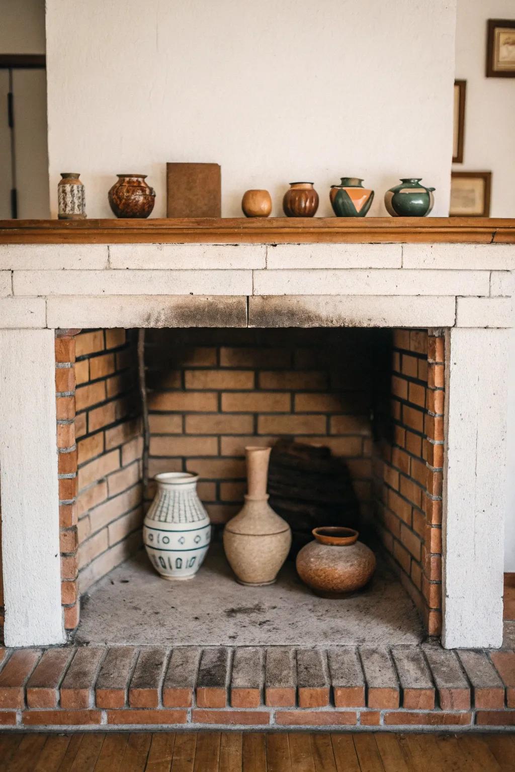 Design an artful display using pottery in your fireplace.