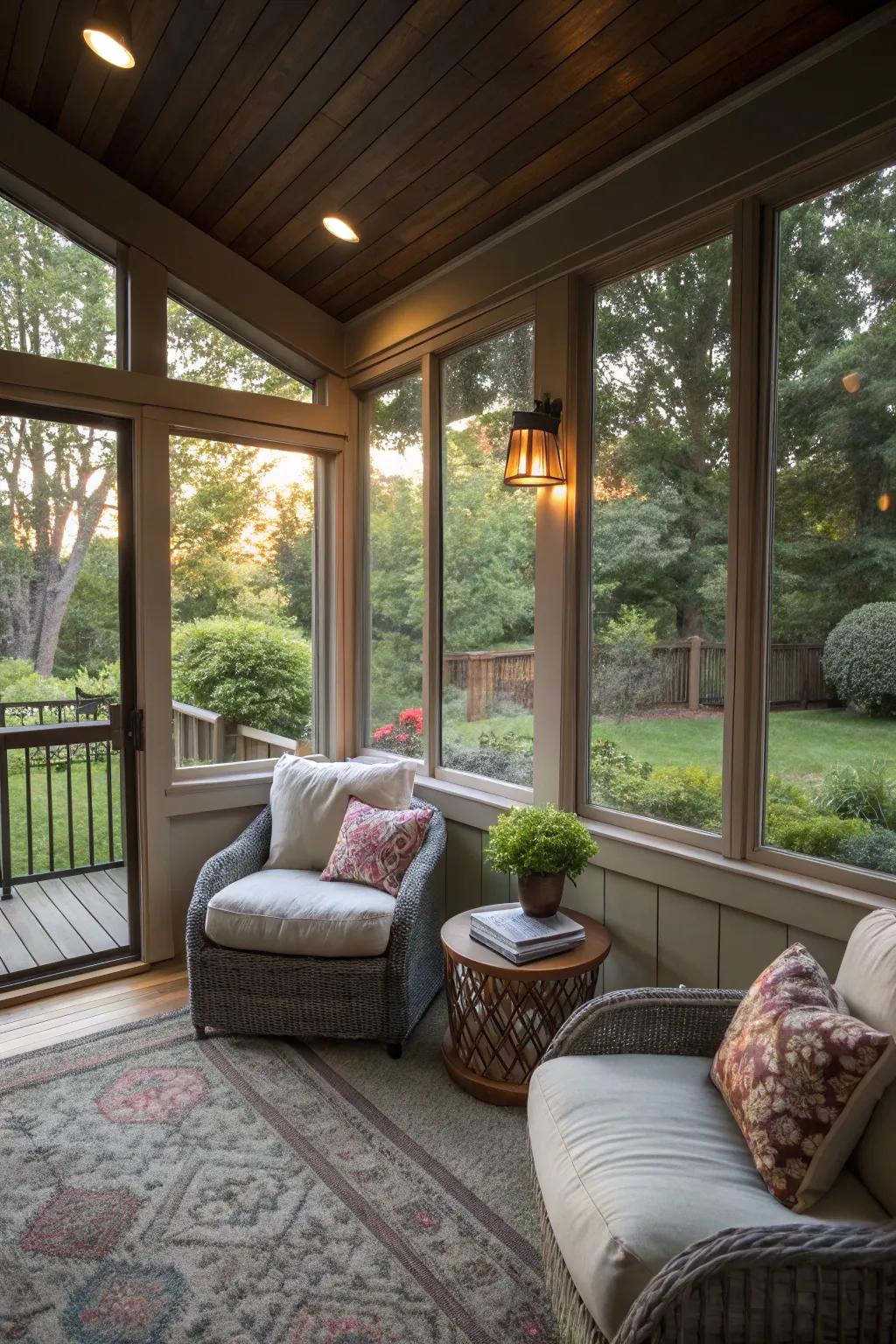 A cozy reading place on an enclosed deck.