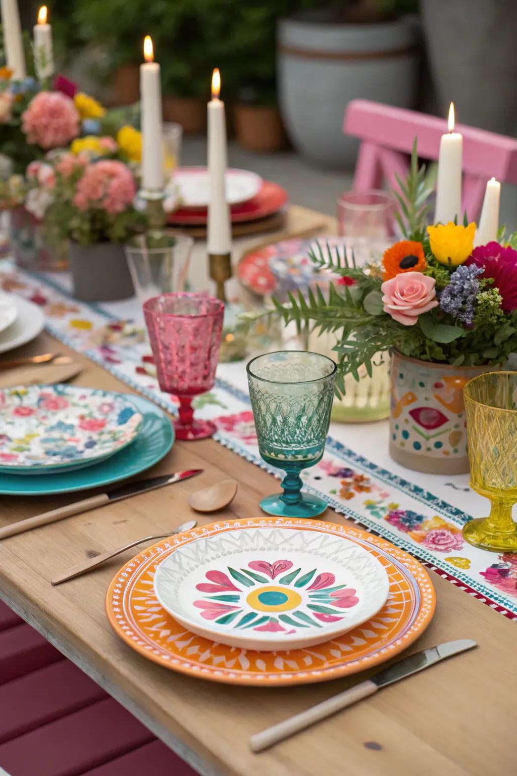 Diverse tableware infuses personality into the table arrangements.