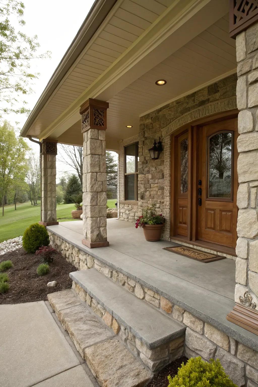 Rock accents that contribute unified allure to the porch design.
