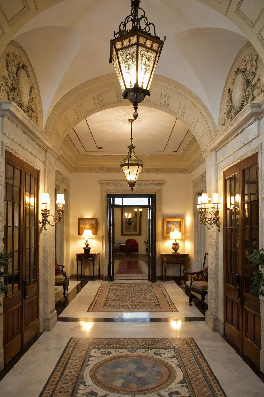 Even lighting apparatuses create a balanced look in this traditional entryway.