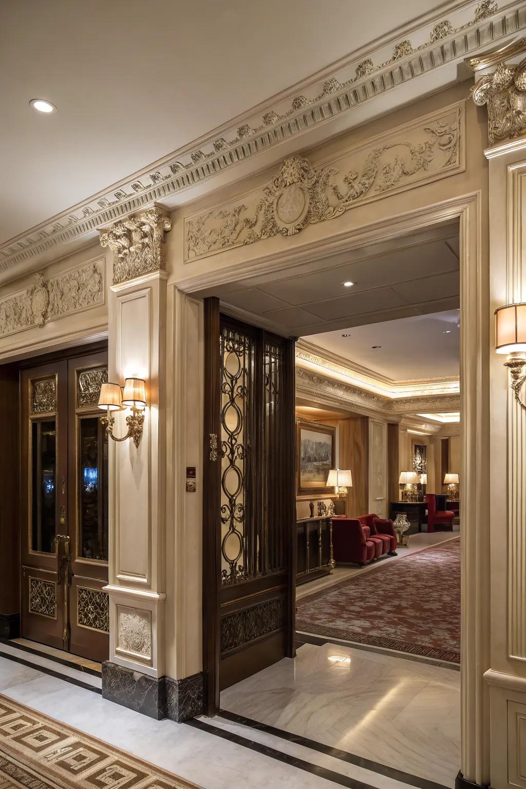 Elaborate molds introduce opulence and dimension to the entryway.