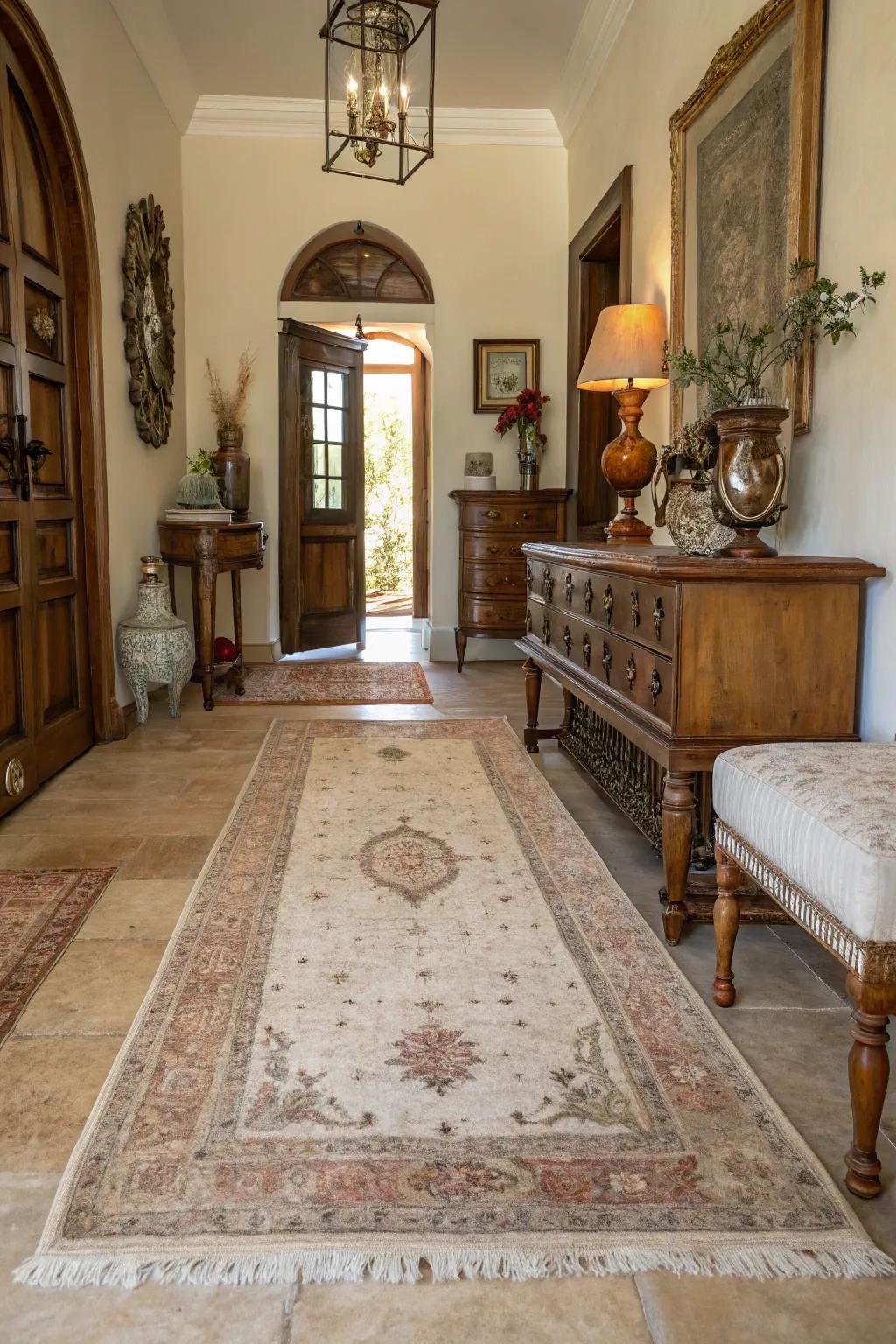 Weathered rugs impart character and a timeless impression to any entryway.