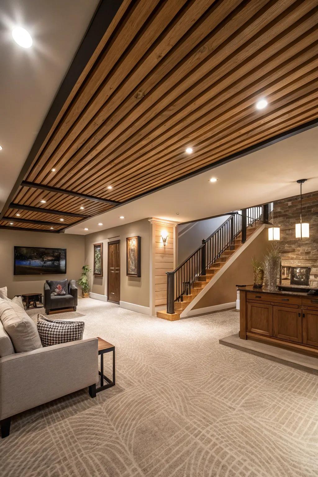 Elegant wooden slats craft a sophisticated overhead design.