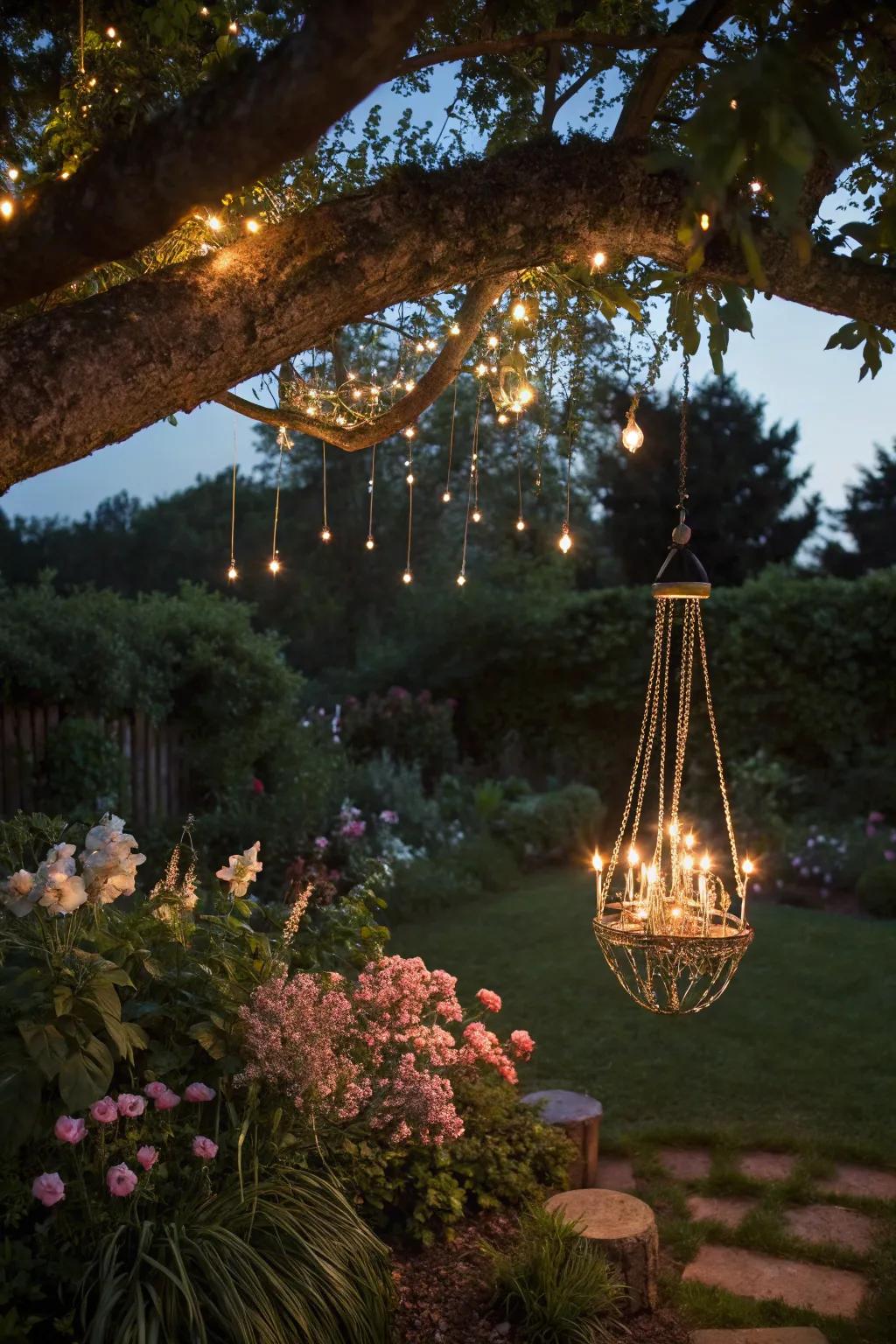 A twinkle light chandelier adds elegance to outdoor settings.