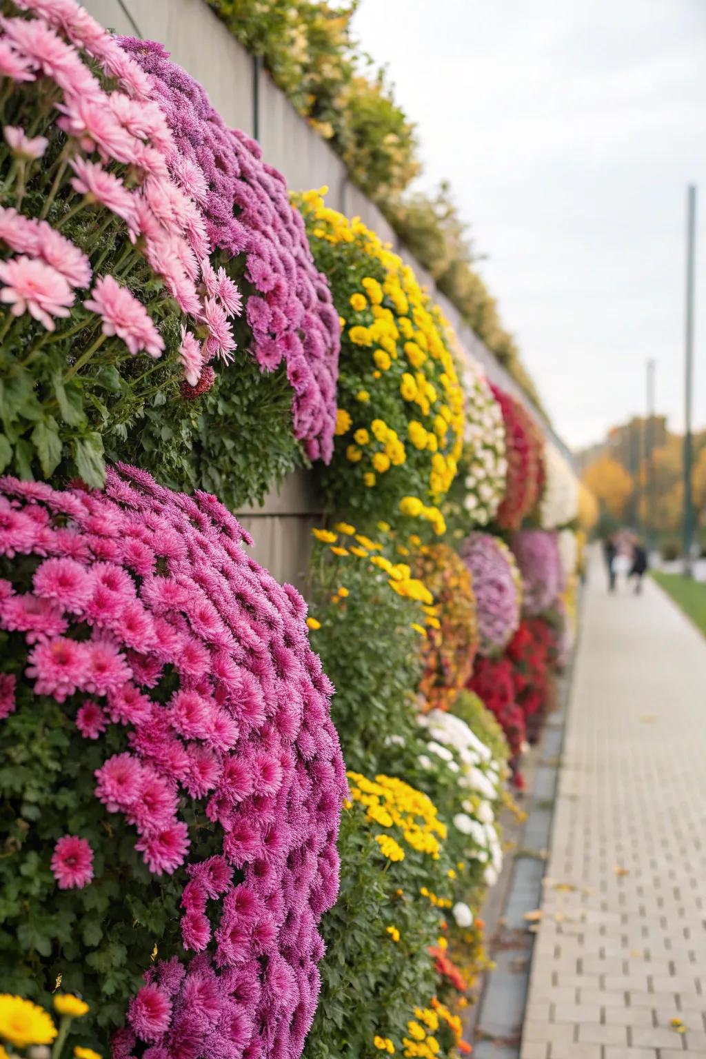 Dramatic vertical garden with mums