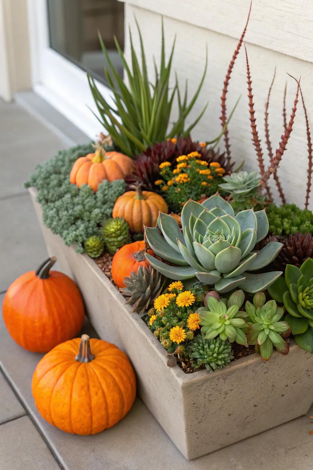 Fleshy plants and squashes present a contemporary interpretation of classic fall aesthetics.