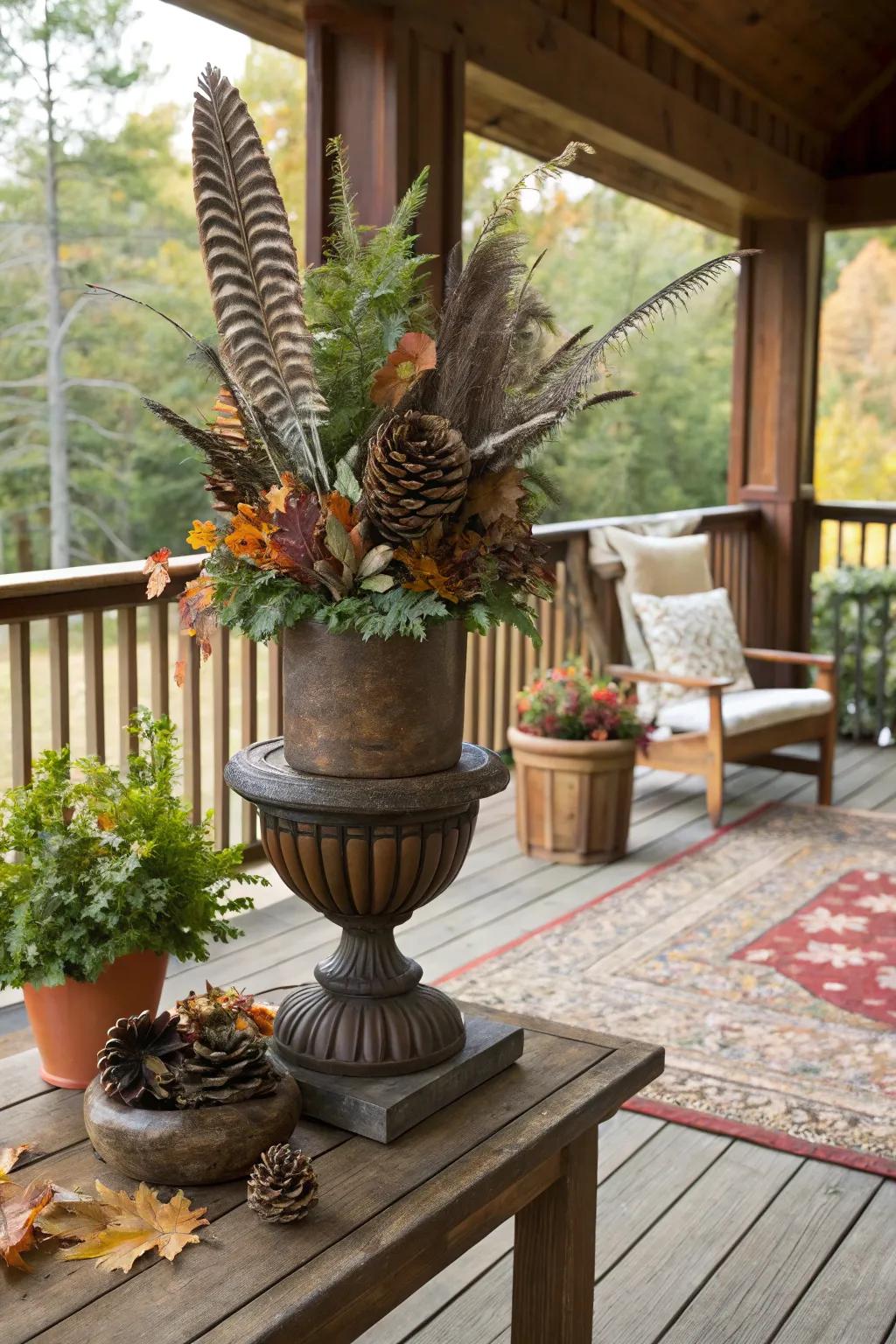Woodland caprice with plumage and woodland cones in an autumn urn.