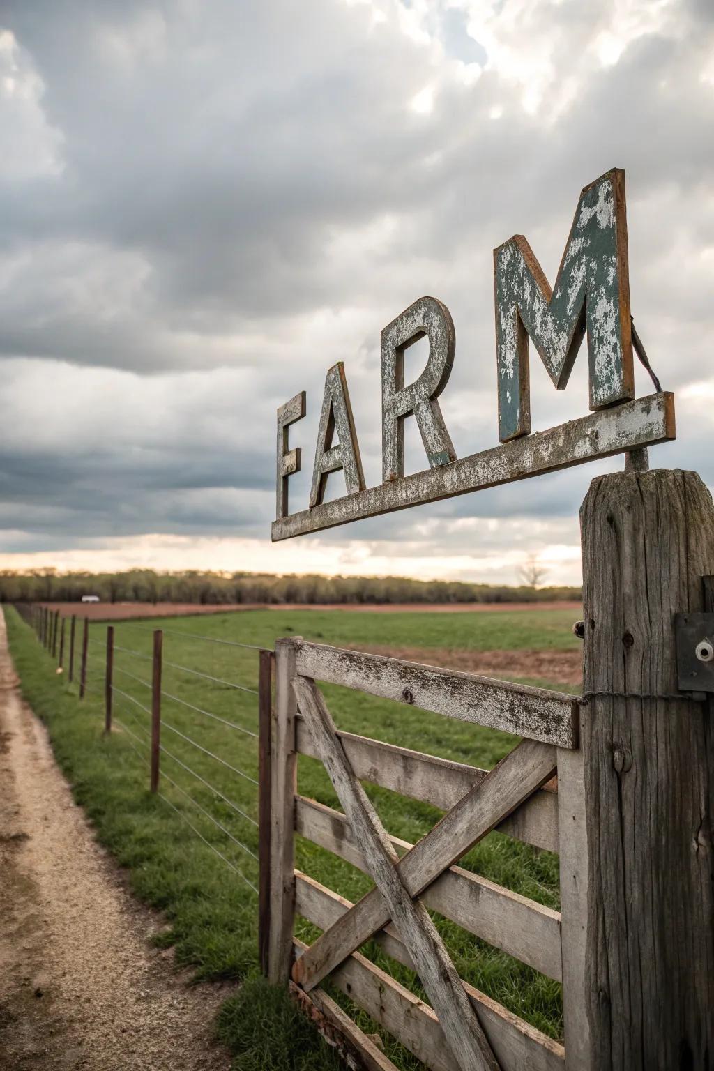 Countryside allure showcased through aged metallic lettering on a farm marker.