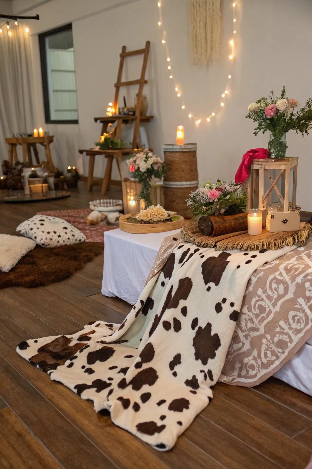 Hide-of-cow pattern decoration appends an elegant and thematic item to the party.