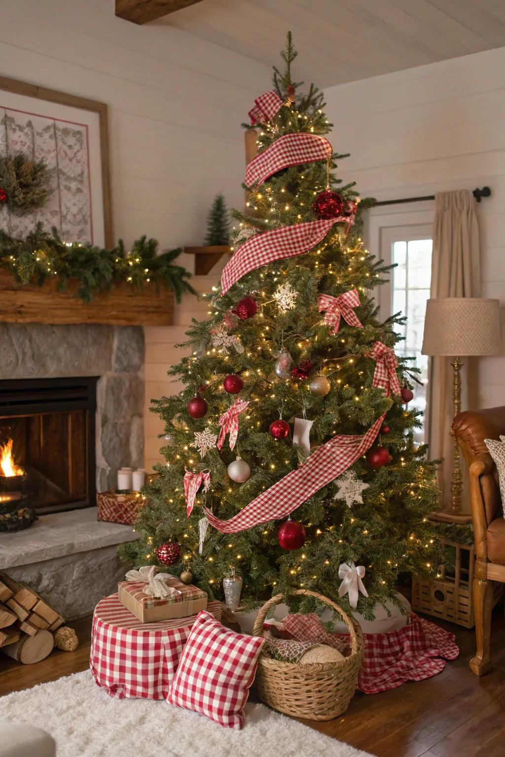 Fabric wraps introduce layers of interest and warmth to this Christmas tree.