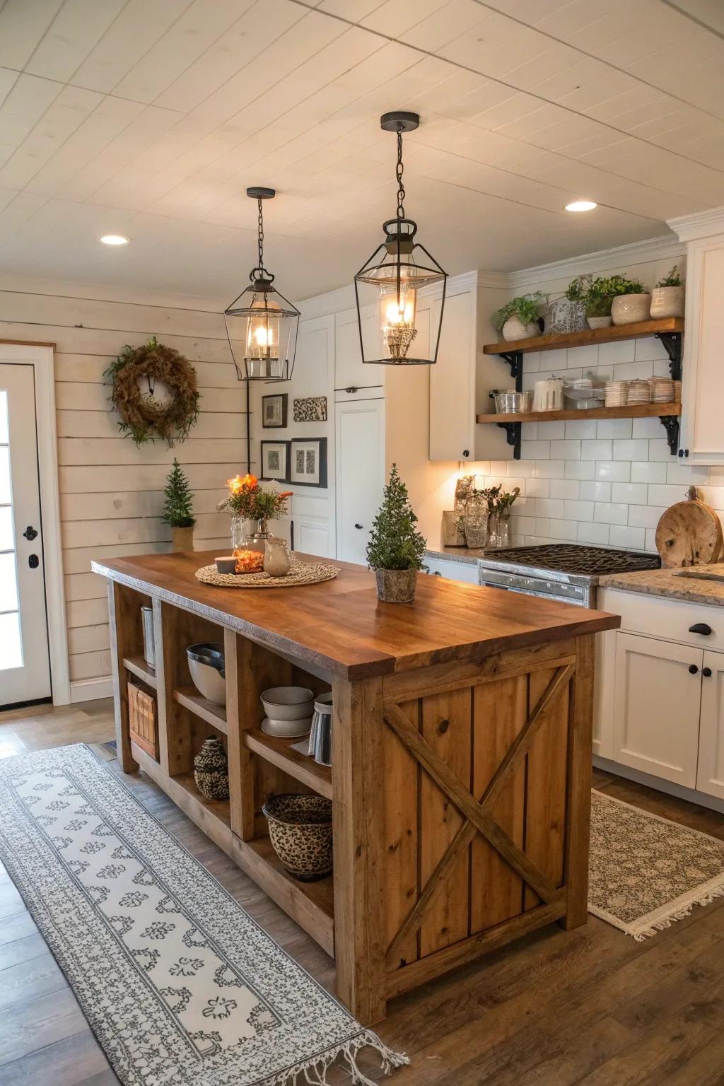 Shiplap paneling adds depth and texture to the farmhouse kitchen island.