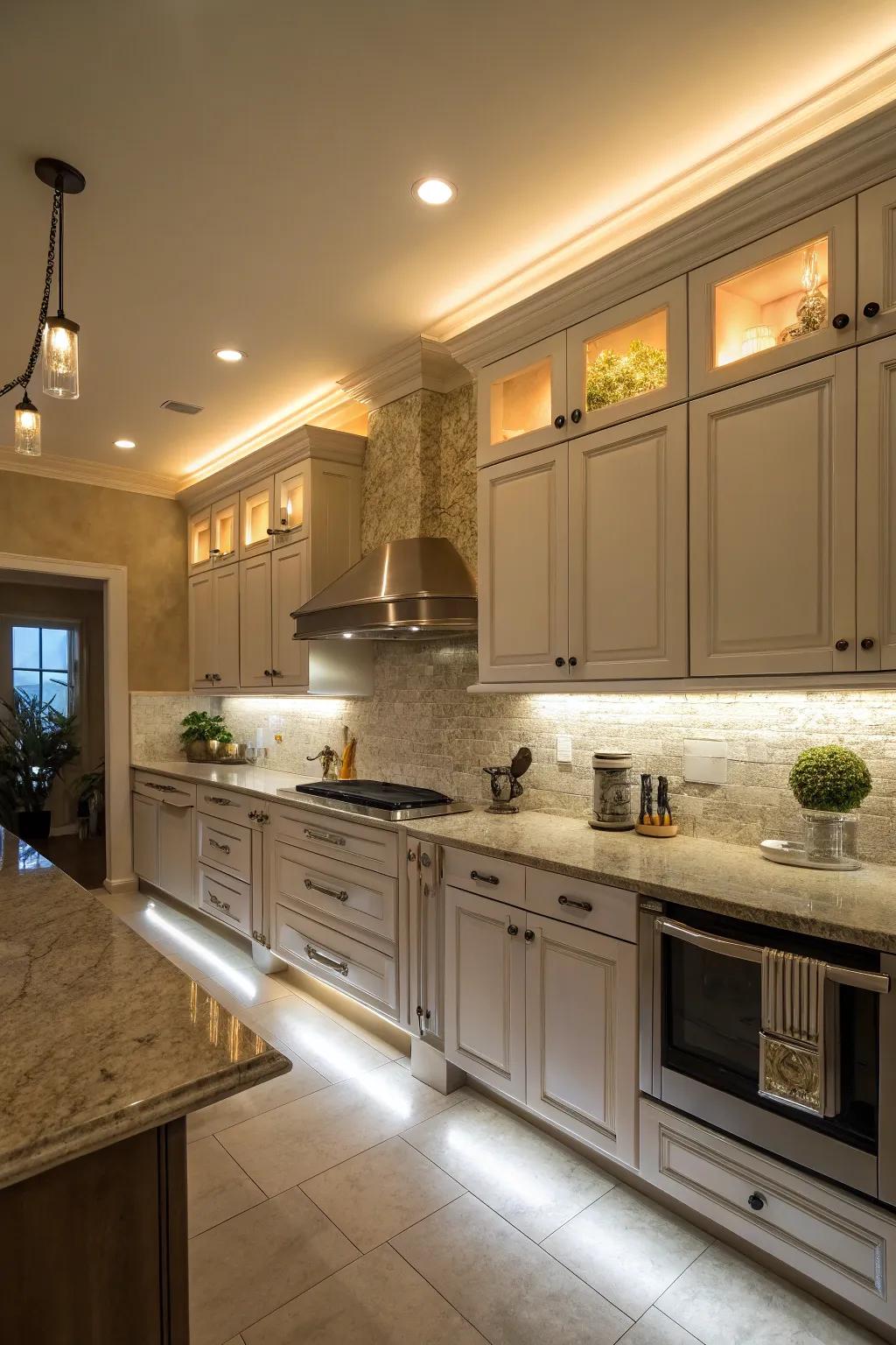 Welcoming radiance thanks to simulated molding and beneath-storage lights.