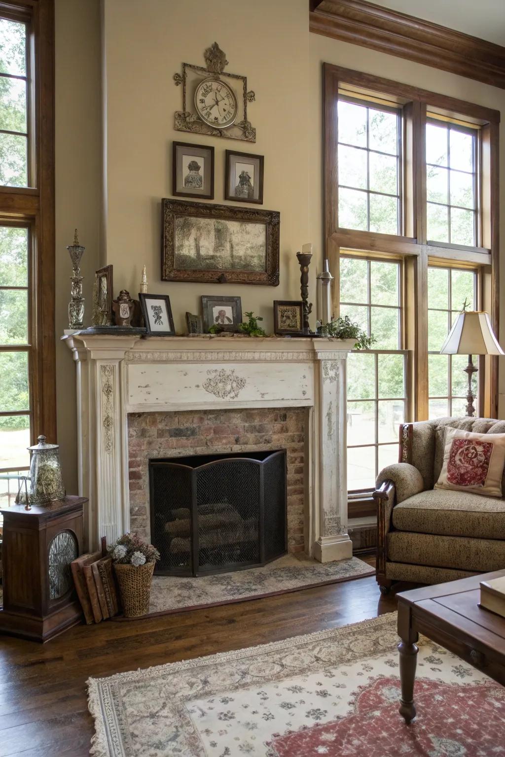 Vintage elements add charm to this fireplace setup.