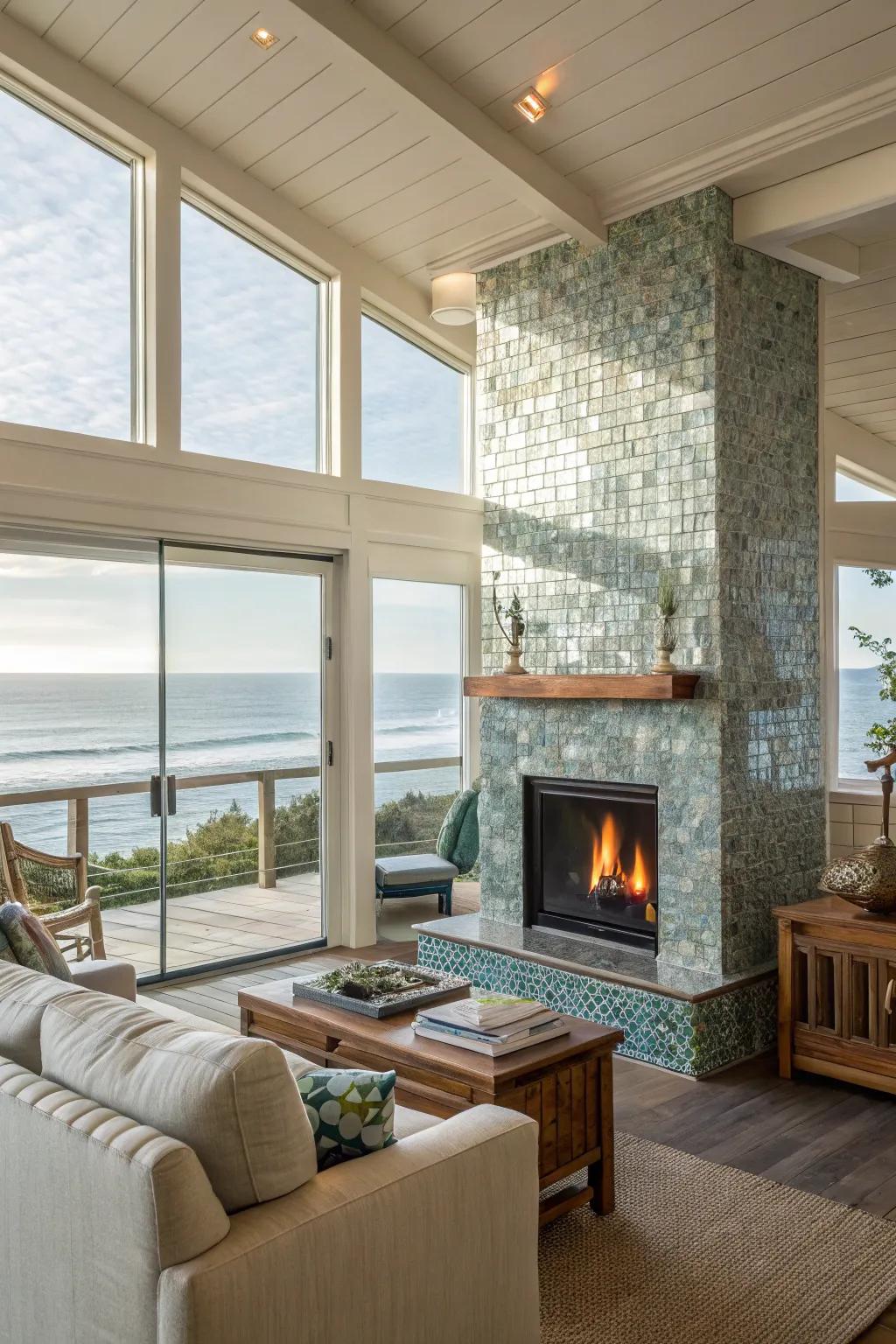 A coastal living space showcasing a fireplace adorned with shimmering glass mosaic sections.