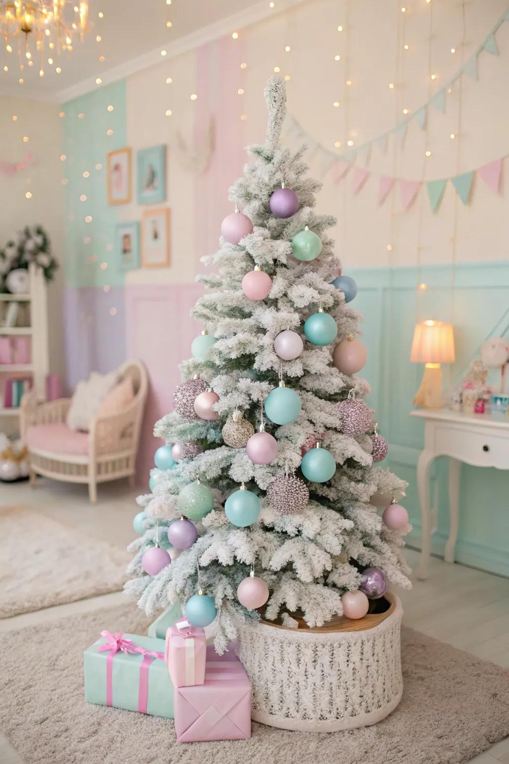 A flocked Christmas tree with a playful pastel theme.