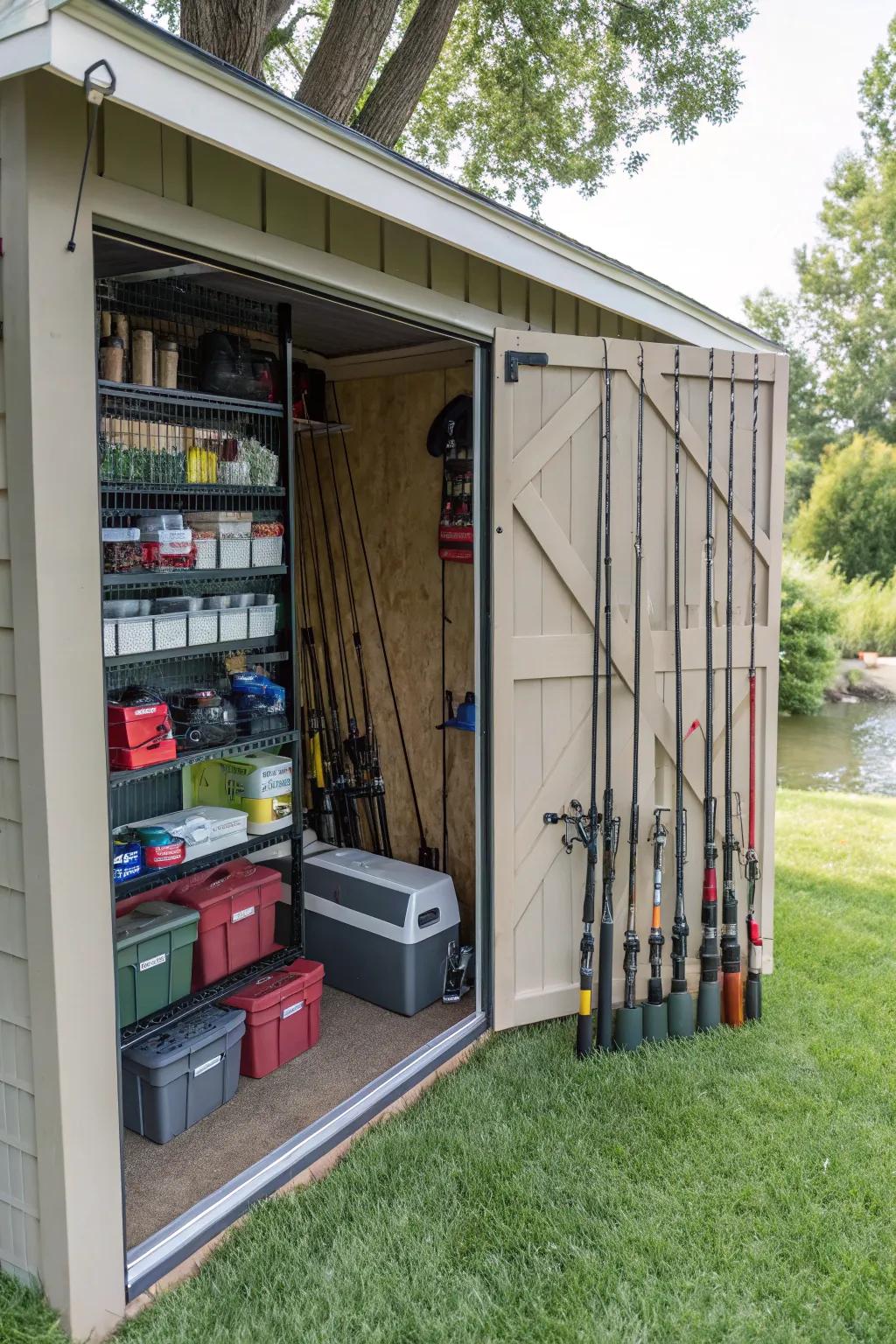 Outdoor space transformed into a fishing gear sanctuary.