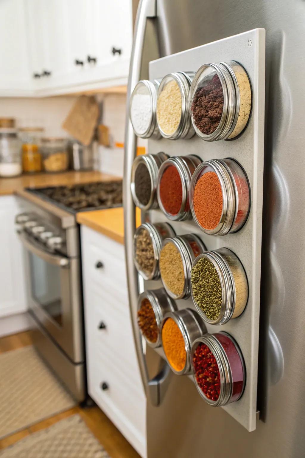 Magnetic spice jars are easy to reach and save space.