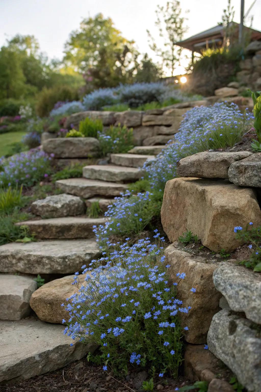 Layered stone gardens emphasize the inherent beauty of forget-me-nots.