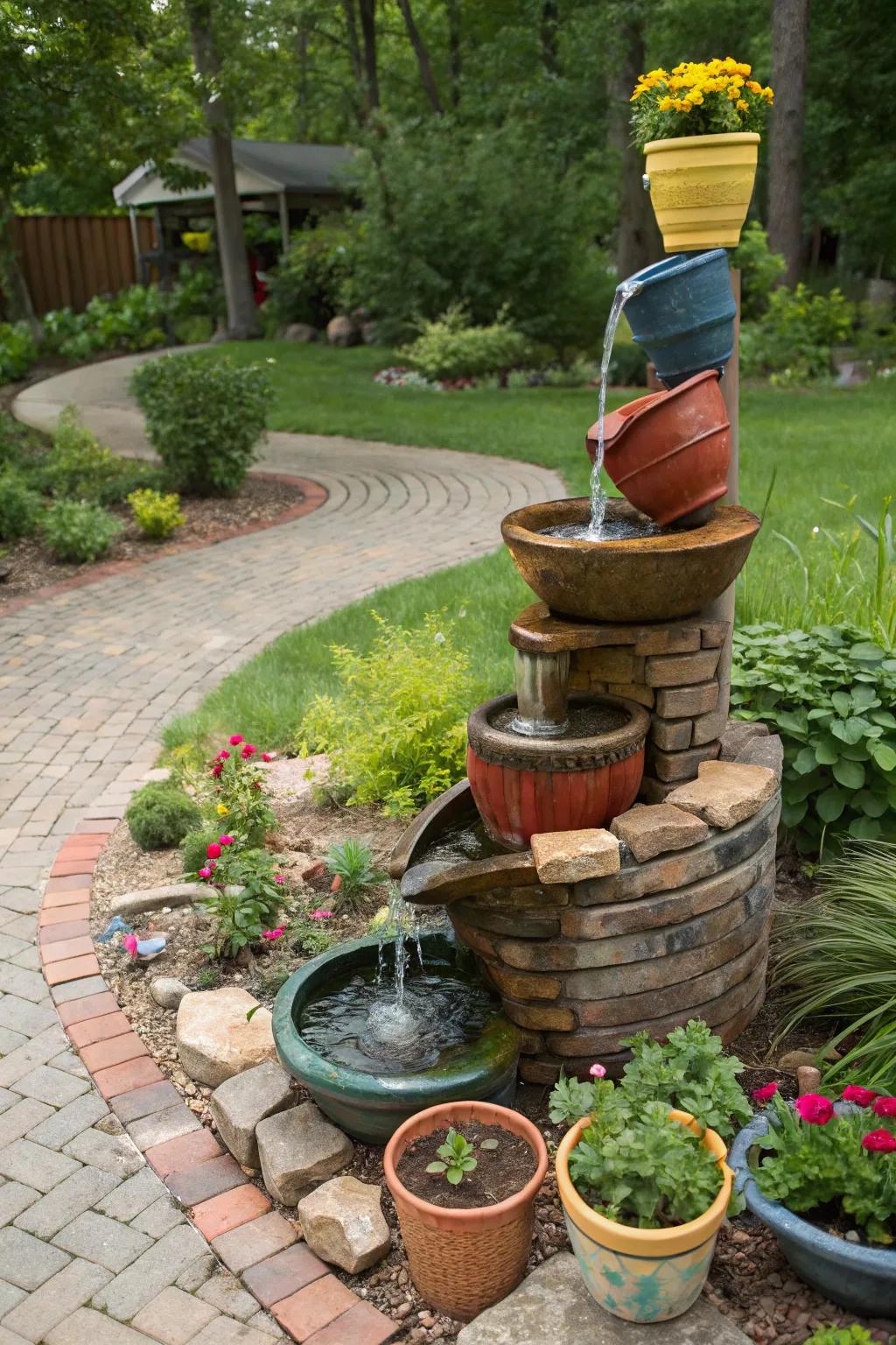 Innovative and eco-friendly: a water feature from recycled materials.