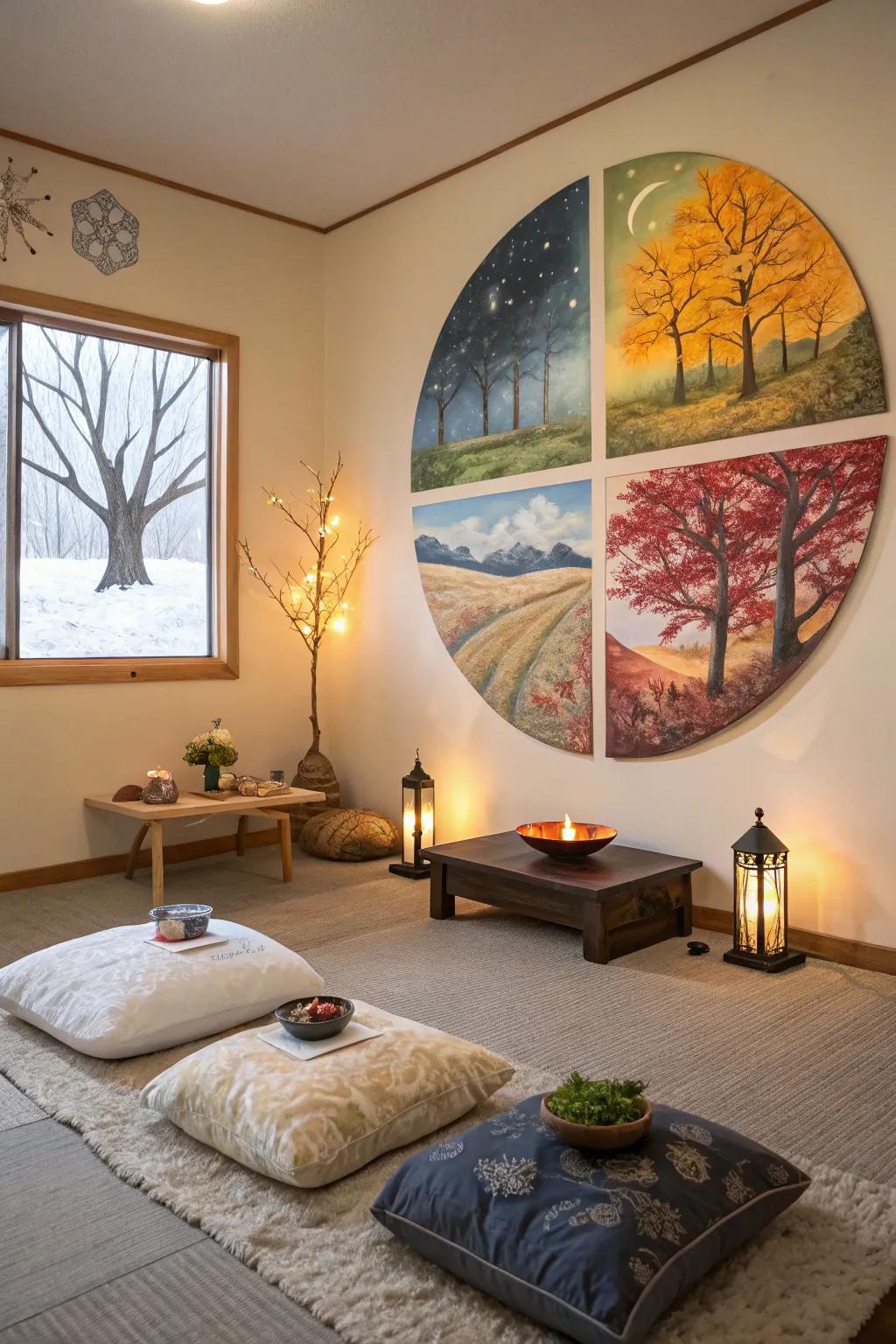 A circular artwork representing the continuous cycle of the four seasons.