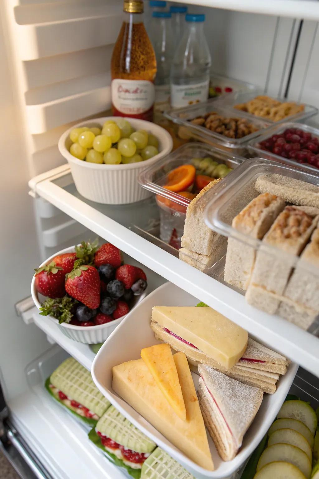 Simple snack and leftover access on the top shelf.
