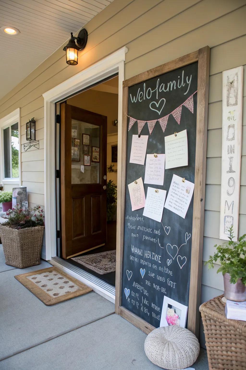 Interactive details such as a chalkboard adding a personal touch to the entryway.