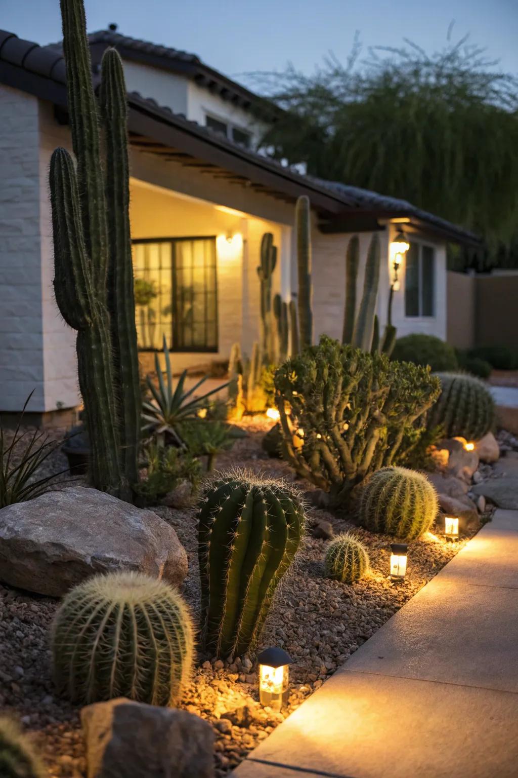 Magical nighttime glow via landscape illumination.