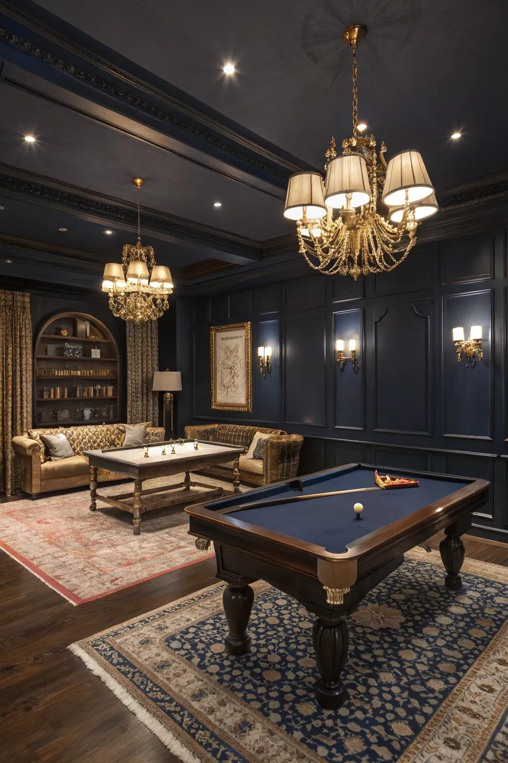Dark, rich shades create a cozy and grand game room vibe.